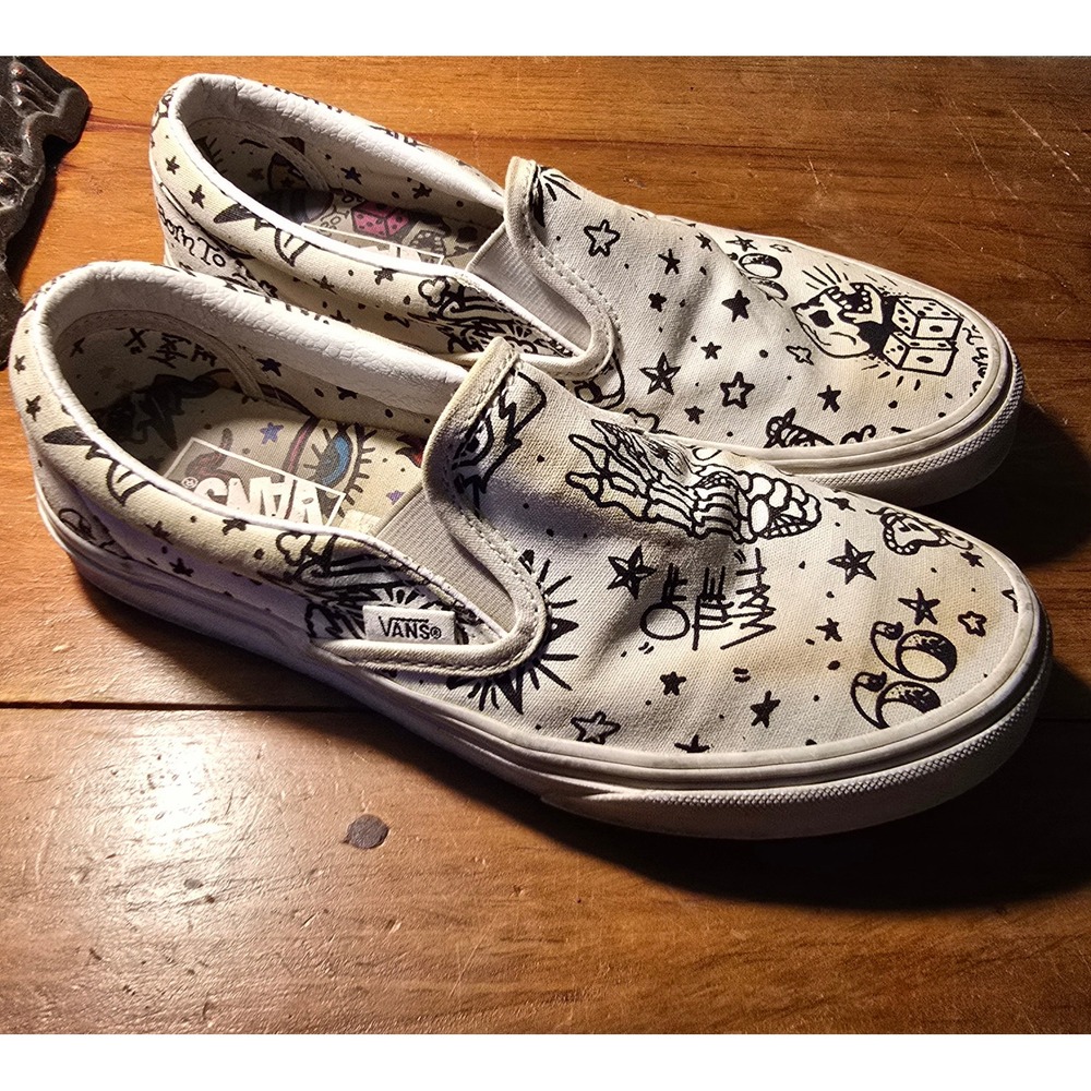 Vans Classic Slip-On Tattoo Graphic Mens 6 Womens 7.5  Punk Skate shoes